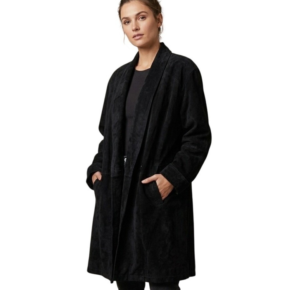 Jacqueline Ferrar Vtg Duster Coat Women 2X‎ Black Heavy Suede Leather Open Front